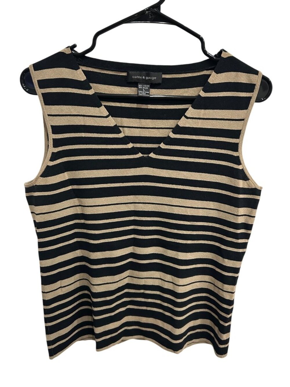 Cable & Gauge Black Beige Striped Sleeveless V-Neck Top Size L 90s Minimalism